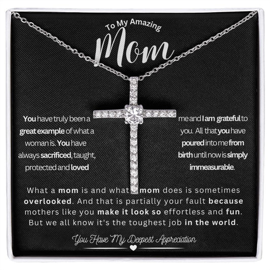 Mom - Cross Necklace - CZ Crystals and White Gold